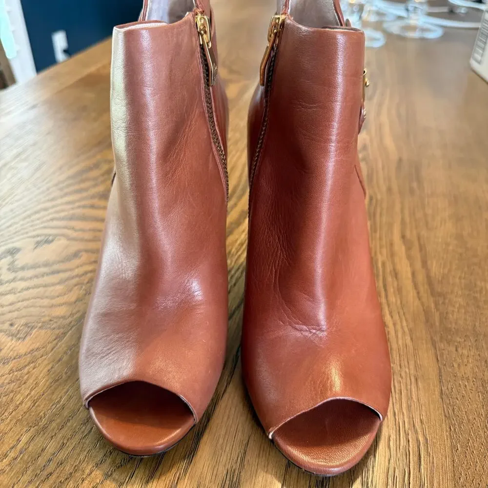 Vince Camuto Kemba Brown Zip Up Open Toe Bootie Stiletto 7.5M 37.5